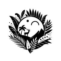 Black and white nature illustration with deer, mountains, palm tree within a stylized face framed by tropical leaves, dots, and a crescent moon. vector