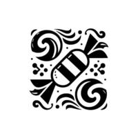Black and White Abstract Composition Featuring a Stripped Candy, Swirls, Leaves, and Dots, Set Squarely. vector
