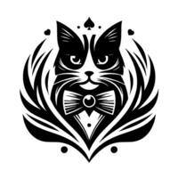 Dapper Tuxedo Cat Emblem Black and White, Elegant Crest with a Bow Tie, Spade Crown, and Feathered Wings vector