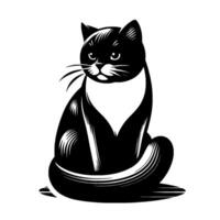 A stylized black and white tuxedo cat, sitting upright with a contemplative gaze, showcasing a clean, illustration style against a stark white background. vector