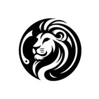 A bold black and white circular emblem featuring a stylized lions head in profile, exuding strength and elegance, within a solid black circle. vector