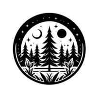 Black and white circular badge featuring stylized pine trees, crescent moon, stars, and sun over a silhouette of a forest and foliage. vector