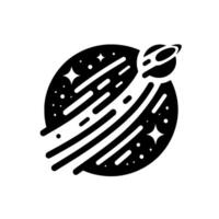Black and White Space Illustration Featuring a Ringed Planet, Trailing Lines, Stars, and a Celestial Body, Symbolizing Cosmic Motion vector