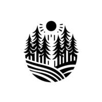 Black and white minimalist forest scene within an oval, featuring pine trees, sun, and a rolling landscape. vector