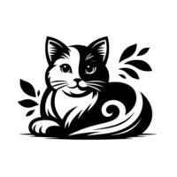 Stylized Black and White Cat Illustration, Decorative Design, Featuring Swirls Leaf Motifs, Calm Expression, Minimalist. vector