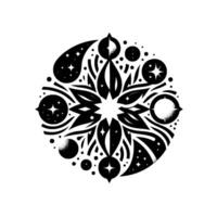 Intricate Black and White Circular with Starlike Center, Leaf and Crescent Elements, Geometric Pattern. vector
