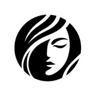 Minimalist black and white featuring a serene womans face with closed eyes, hair flowing within a circular frame. vector