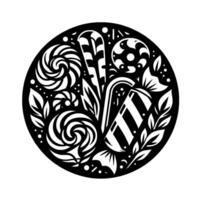 Intricate black and white circular illustration featuring assorted candies, candy canes, and foliage elements, creating a whimsical and decorative composition. vector