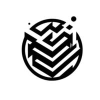 Abstract black and white maze within a circle, accented by smaller circular shapes. vector