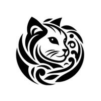 A stylized, symmetrical black and white tattoo of a cats head with swirling tribal patterns forming an artistic circular border. vector