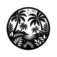 Black White Circular Tropical Scene Palm Trees, Birds, Island, and Foliage Silhouette, Captured in PaperCut Style. vector