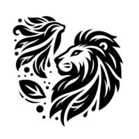 Stylized Black and White Lion Heads, Mane flowing, forming a Heart shape on a white background, creating a bold emblem, and minimalist logo. vector
