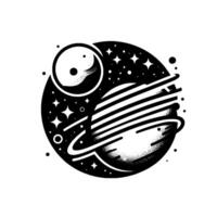 Black and White Illustration of Planets, Moons, and Stars within a Circular, SpaceThemed Composition. vector