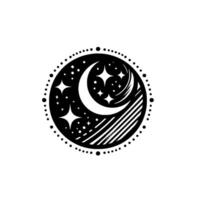 Black and White Celestial Illustration Crescent Moon, Stars, and Striped Encased within a Dotted Circle. vector
