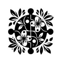 Intricate black and white floral with a circular core, fourpart symmetrical shape, and leaflike accents. vector