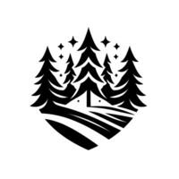 Stylized black and white forest scene with pine trees, a small house, and stars, forming a diamond shape, evoking nature and camping. vector