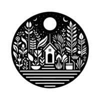 Circular Black and White Illustration of a Cozy Home Surrounded by Lush Garden Under a Night Sky with a Moon. vector