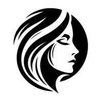 Elegant Black and White Silhouette of a Womans Face in Profile, Enclosed in a Circular Frame, Showcasing Flowing Hair. vector