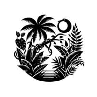 Circular Black White Silhouette Lush Jungle Scene with a Palm Tree, Snake, and Ouroboros Symbol, Evoking Natures Harmony. vector