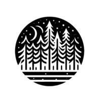 Stylized Black and White Circular Illustration of a Forest at Night, Featuring Evergreen Trees, Crescent Moon, and Stars. vector