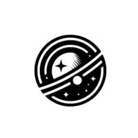 Minimalist Circular Emblem Depicting Celestial Bodies with a Star, Comet, and Planets in a Black and White Design. vector