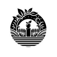 A stylized, blackandwhite illustration of a garden within a circular frame, featuring a stylized apple on a pedestal, a fence, and decorative plants, conveying a sense of simplicity and tranquility. vector