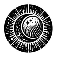 Celestial Harmony A circular black and white featuring a crescent moon cradling stylized stars and flowing lines, encircled by cosmic elements. vector