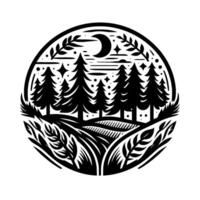 A stylized monochrome circular landscape featuring a forest of pine trees, starry sky, crescent moon, and leafy borders. vector