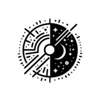 Black and white geometric circular design, split with sunmoon duality, star constellations, and cosmic elements on a white background. vector