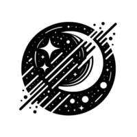 Black and White Celestial Design A Crescent Moon Enclosed in a Starry, Geometric Ring with Diagonal Streaks. vector