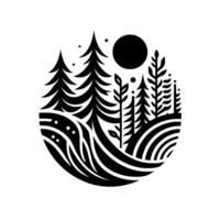 Black and white minimalist circular landscape illustration depicting a forest with trees, hills, a moon, and dots, conveying a tranquil and stylized design. vector