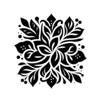 Symmetrical black and white floral mandala, intricate leaf pattern, and dot accents on a pristine white background. vector
