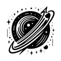 Black and white illustration of a planet with ringed structure and a shooting star, surrounded by stars and geometric elements. vector