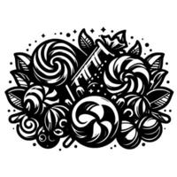 Whimsical monochrome illustration of an assortment of candies, lollipops, and sweets, intertwined with leaves and playful accents. vector