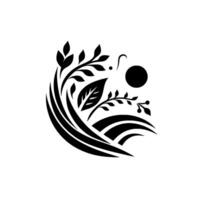 Minimalist Black and White Nature Emblem Curved Lines, Leafy Branches, and a Dot, Circle Sun vector