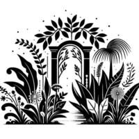 Black and White Garden Scene An Elegant Archway Leads to a Lush Botanical Paradise with Varied Flora and Dense Foliage. vector