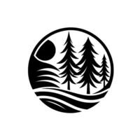 Black and white circular featuring evergreen trees, a sun or moon, and flowing lines suggesting water or hills, evoking natures tranquility. vector