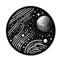 Intricate black and white circular space art piece depicting a celestial scene with a planet, stars, and flowing, cosmic lines, creating a sense of wonder. vector