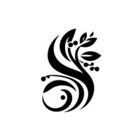 Monochromatic, stylized floral emblem, with flowing lines and organic shapes, leaves and berries, against a crisp white background. vector