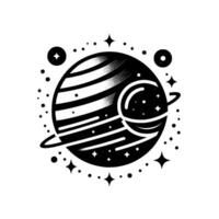 Stylized Monochrome Saturn with rings, orbital nebula, and surrounding celestial elements, in a illustration style. vector