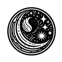 Black and white circular celestial featuring a crescent moon, stars, dots, and a stylized yinyang sphere. vector