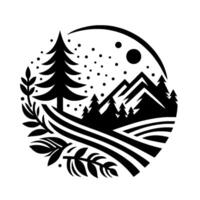 Stylized black and white circular landscape featuring pine trees, mountains, a moon, field lines, and foliage, perfect for logos or illustrations. vector