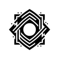 Geometric Black and White Abstract A Symmetrical Hexagon with Central Circle and Interlocking Lines, Emphasizing a Modern, Minimalist Design. vector