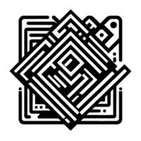 Abstract, geometric black and white featuring a layered, mazelike composition with intersecting linear patterns and squared elements, set against a bright, stark background. vector