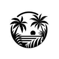 Black and white minimalist circular illustration of a tropical sunset scene with palm trees, ocean, and a setting sun within a rounded frame. vector