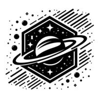 A minimalist black and white of a stylized Saturn encircled by rings, nestled within a geometric hexagon, and surrounded by stars and celestial objects. vector