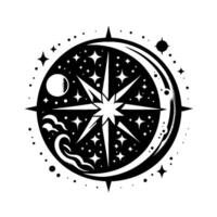 Black and white celestial illustration featuring a central star, surrounded by moon, clouds, and stars in a circular design. vector