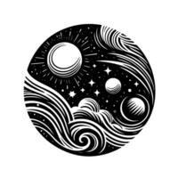 Intricate monochrome celestial mandala featuring the sun, planets, stars, and swirling cosmic energy, capturing the essence of space and time. vector