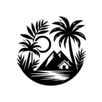 Black and White Silhouette of a Tropical Paradise Palm Trees, Mountains, House, Sun Water within a Circular Frame vector