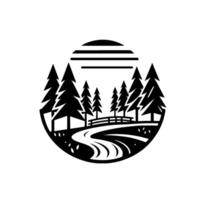 Minimalist Black and White Circular Emblem Serene Forest Scene with Road, Trees, Bridge, and SunLike Stripes vector